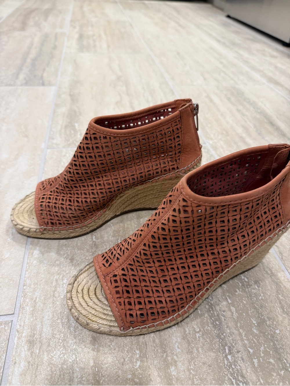 Vince Camuto Rust Laser-Cut Peep-Toe Wedge Espadrilles